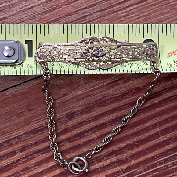 Vintage 12K Gold Filled Filigree Bar Rope Chain Bracelet with Center Diamond - Picture 7 of 13